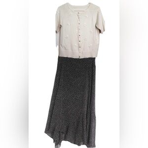 Cabi Polka Dot Midi Skirt Black Asymmetrical paneled Sz 12 French Chic CBK Style